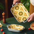 thumbnail image 3 of ONCCI Ceramic Baking Dish Set, 2-Piece Hand-painted Porcelain Rectangular Bakware set with Handles,Large 10.55"L*7.4"W and 7.87"L*5.4"WSmall Casserole Dish for Oven/Cooking/Kitchen(Autumn Yellow), 3 of 8
