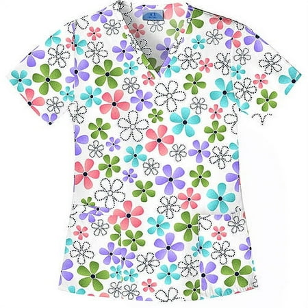 Shaped V-Neck Scrub Top, Daisy Stencil Print