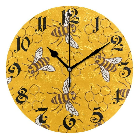 Wall Clock 10 Inch Silent Non-Ticking 8 Bees and Honeys on Yellow Battery Operated Rustic Retro for Living Room Home Kitchen Bathroom