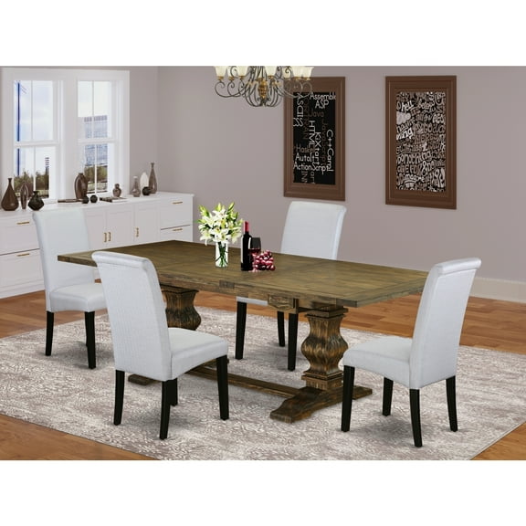 Modern 5-Piece Dining Set - Rustic Wood TableLinen Accent Chairs - Kitchen Dining Room Set