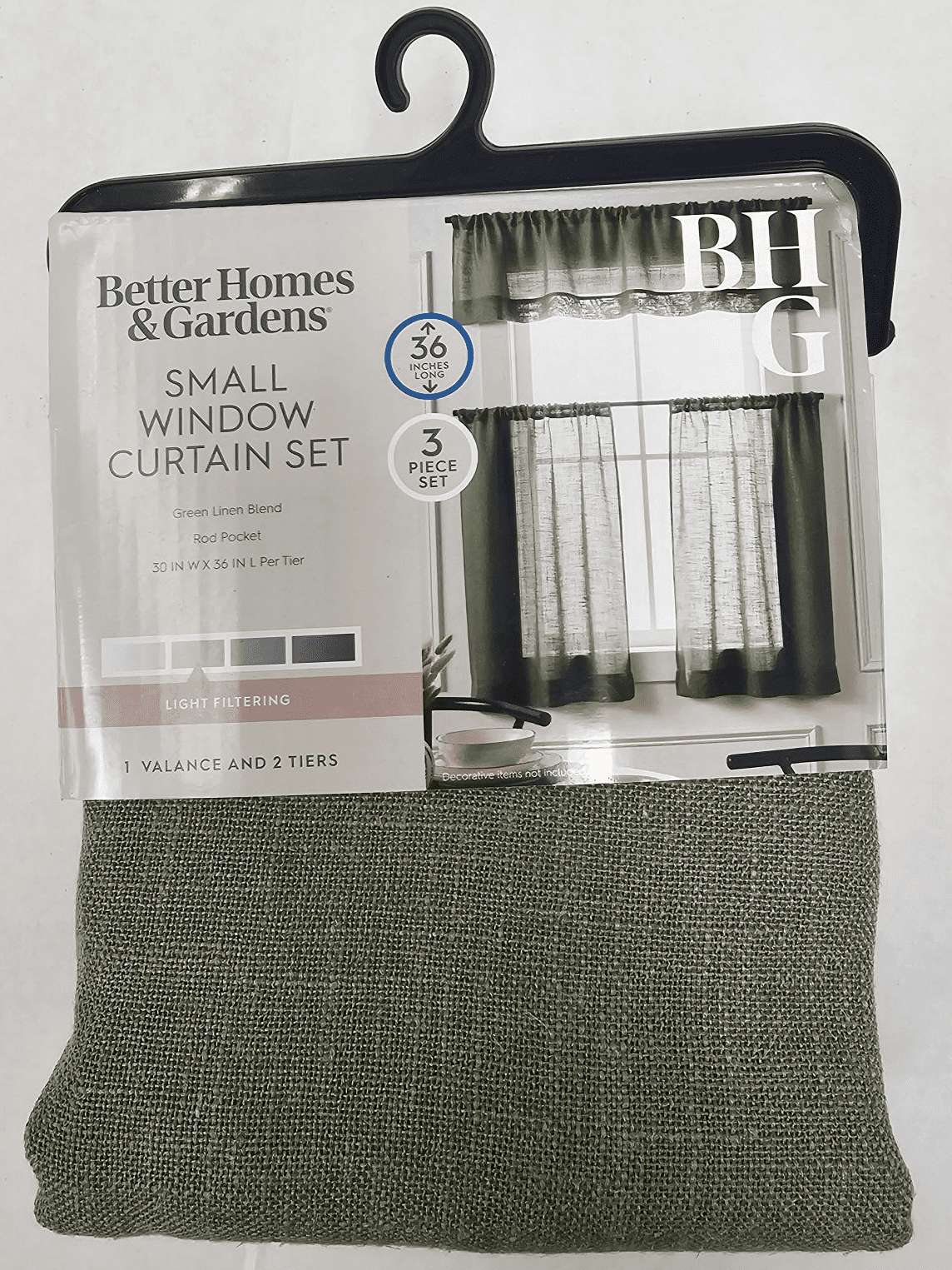 Better Homes & Gardens Linen Blend Light Filtering Rod Pocket Kitchen Curtain Tier and Valance, Set of 3, Dark Cilantro, 60 W x 36 L