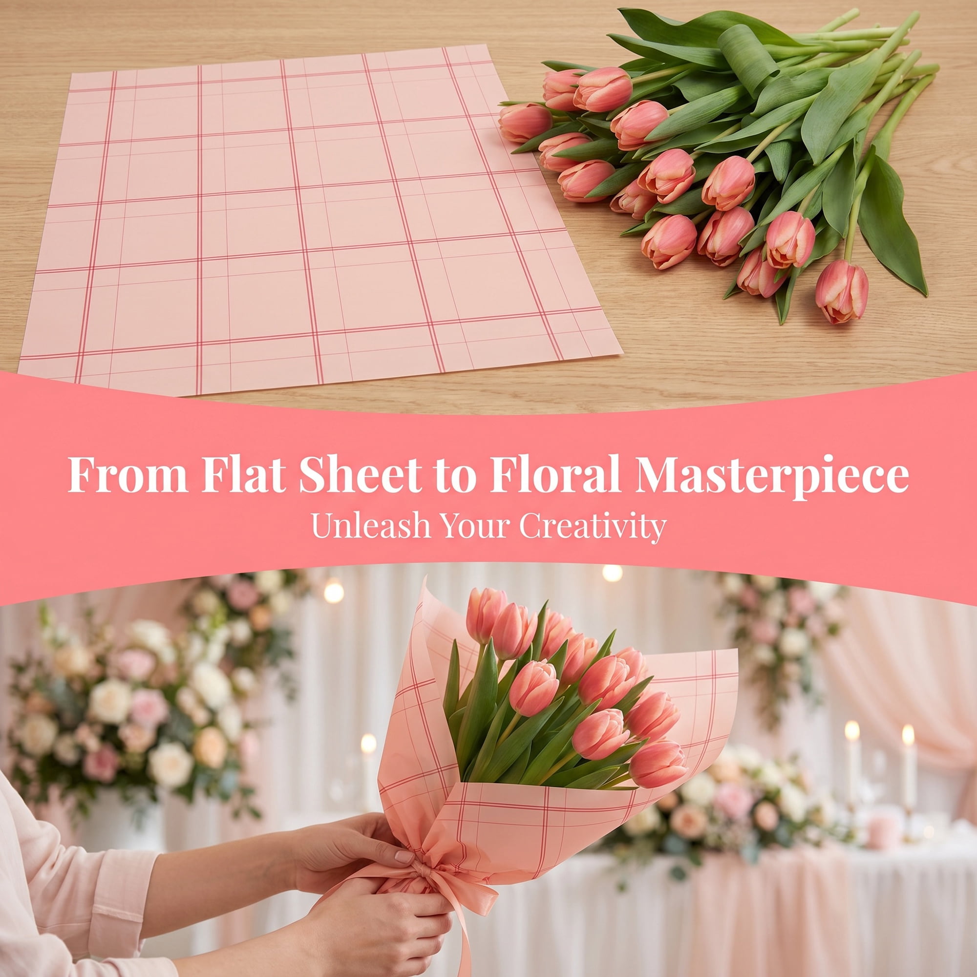 Unique Bargains Luxury Plaid Waterproof Gift Wrap Paper for Bouquets Pink 22.4"x 22.4"