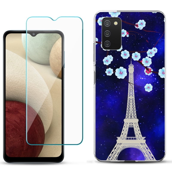 Slim-Fit TPU Phone Case Compatible with Samsung Galaxy A02s, with Tempered Glass Screen Protector, by OneToughShield ® - Eiffel Tower Stars
