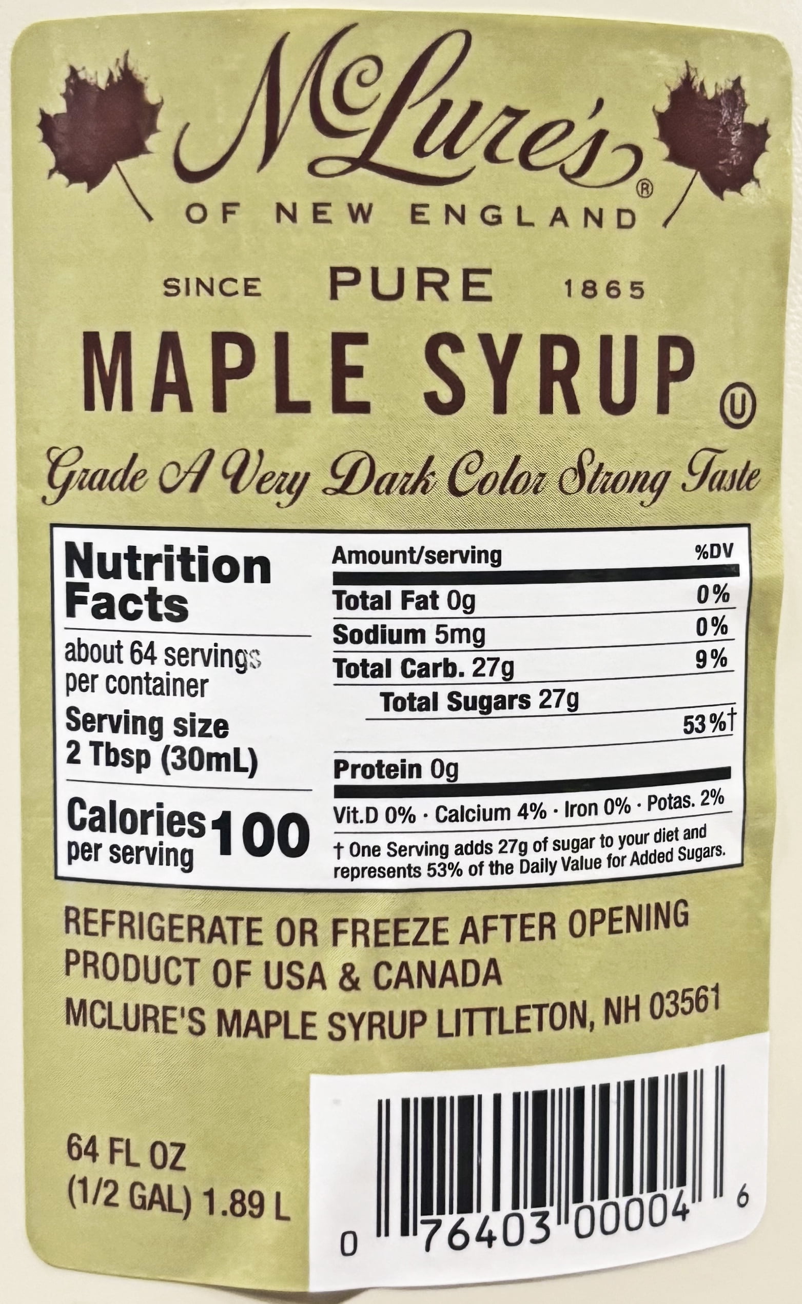 Mclure's Pure Grade A Very Dark New England Maple Syrup | Kosher | 64 fl. oz.