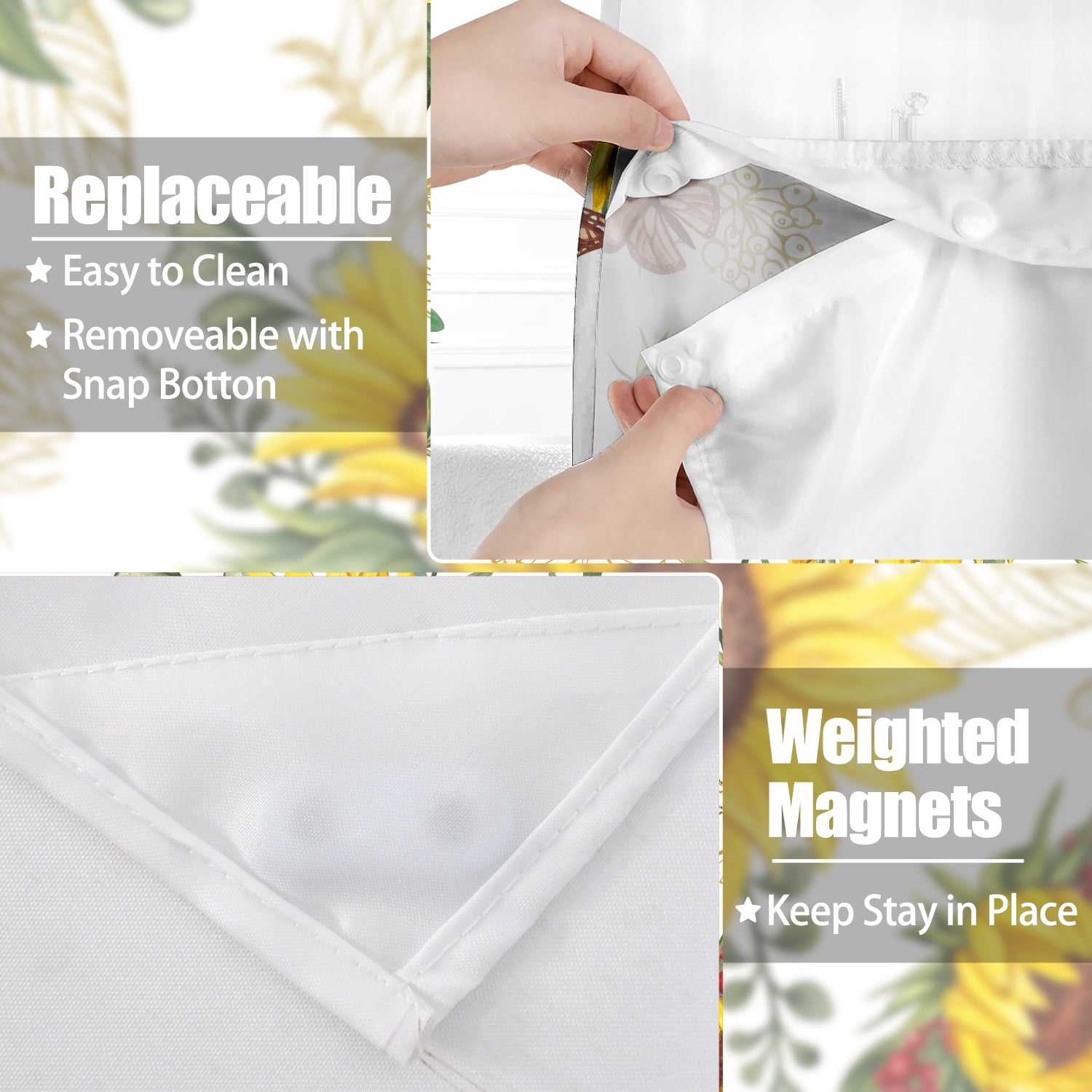 Mizhona Yellow Sunflower Shower Curtain with Snap in Liner,Butterfly No Hook Fabric Shower Curtain,71"x74"