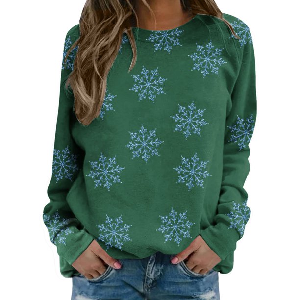 Gibobby Sudaderas navideñas Mujer Navidad vacaciones manga larga cuello redondo de nieve muñeco de nieve Santa hombro suéter sin capucha(Verde,M)