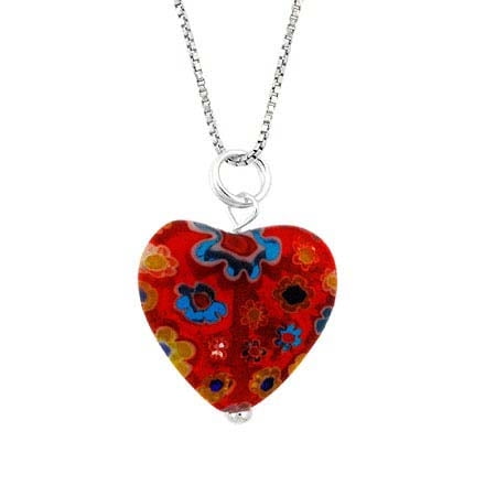 Murano Millefiori Flower Ring - Murano Glass Sterling Silver Bead Red Multi Color Millefiori Flower Heart Pendant