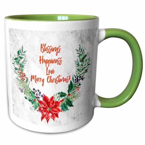 3drose, Blessings, Happiness, Love, Merry Christmas Text, Floral Frame, 11oz Two-tone Green Mug