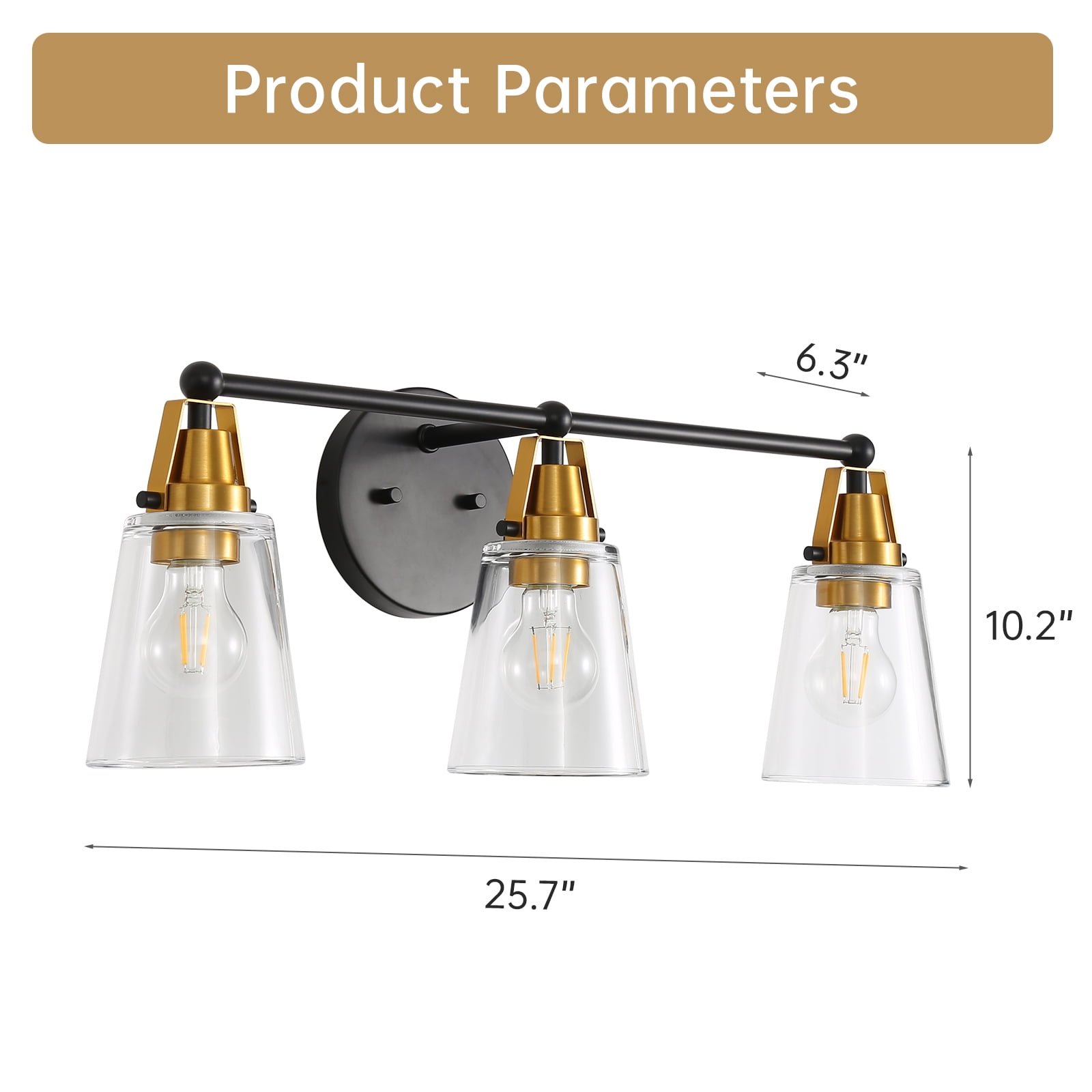Modern 3-Light Black & Bronze Bathroom Vanity Light with Clear Glass Shade - E26 Wall Sconces for Living Room, Bedroom, Hallway (Bulb Not Included)