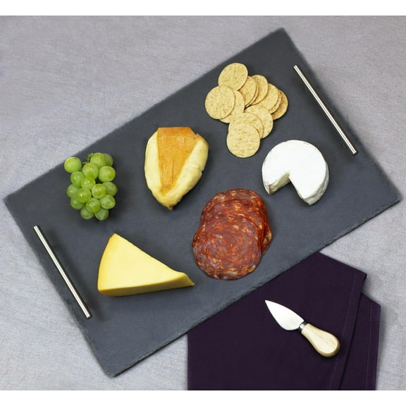 Home Basics Slate Serving Tray with Stainless Steel Handles, Black, 12x16 Inches