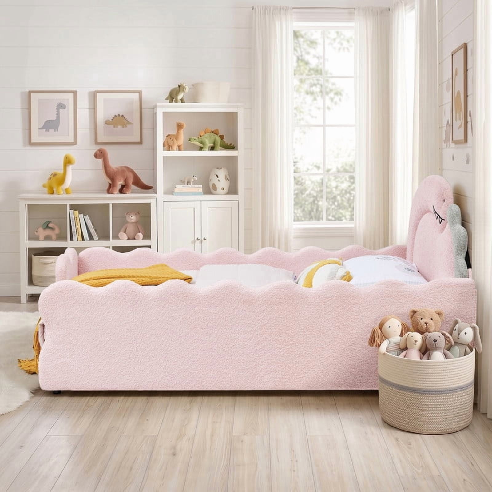 Full Size Kids Dinosaur-Shaped Platform Bed with Guardrails, Low-Profile Upholstered Boucle Fabric Playful Child Daybed Frame