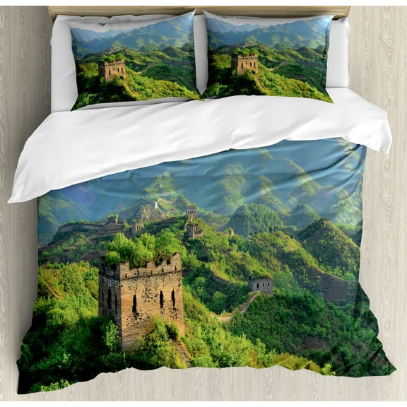 Great Wall of China Queen Size Duvet Cover Set, Idyllic Aerial View of Historical Construction Invasion Natural Scenery, Decorative 3 Piece Bedding Set with 2 Pillow Shams, Green, by Ambesonne