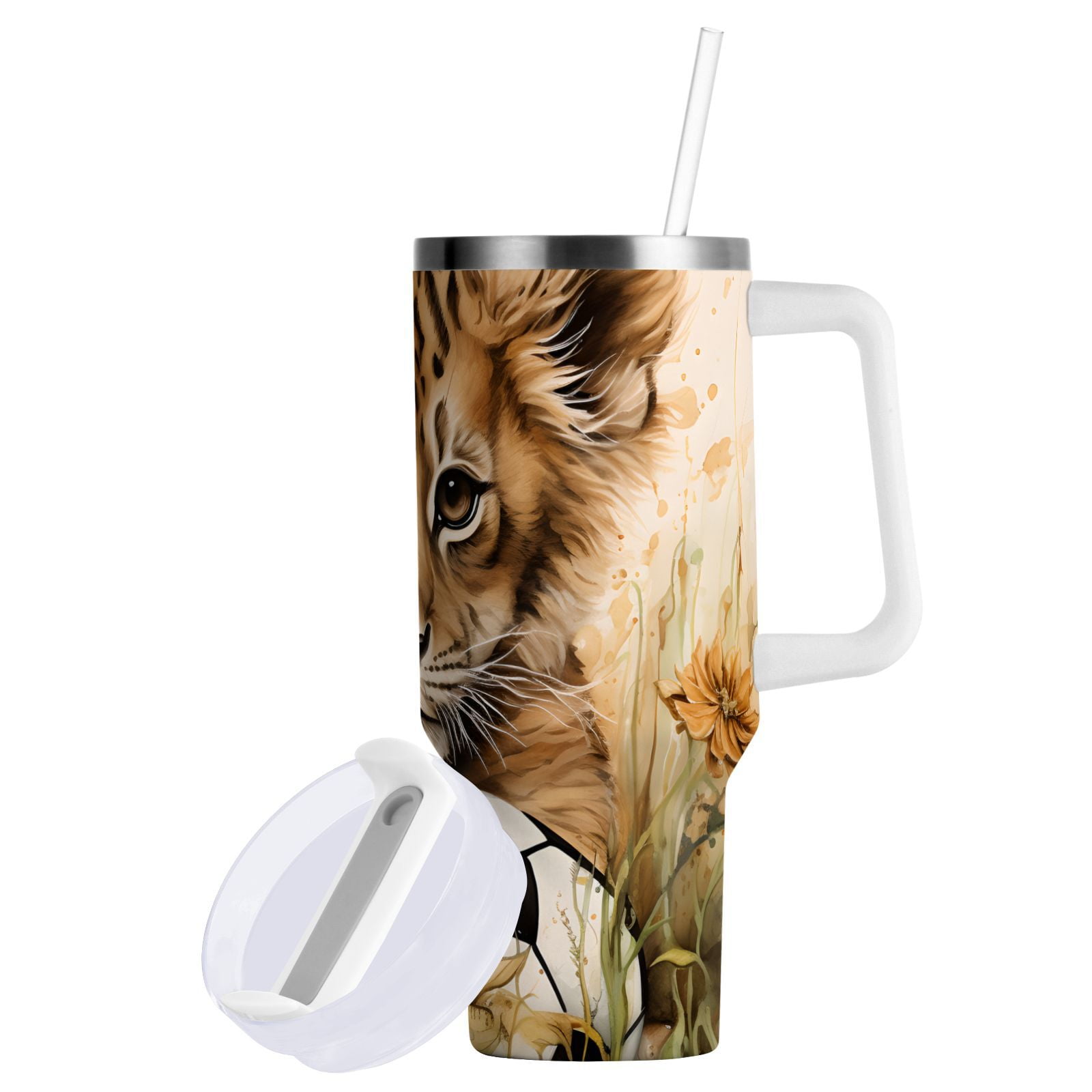 JSTEL Cute Lion Baby 30 oz Tumbler Stainless Steel Water Bottle Vacuum Insulated Cup with Straw Lid & Handle For Travel Car Cup Holder
