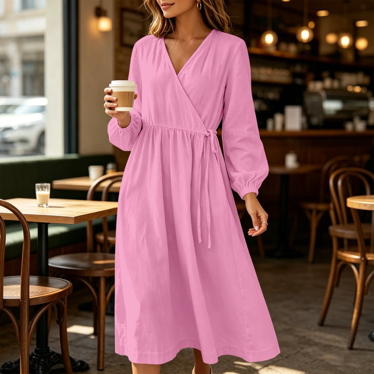 Oksale Casual Dresses for Women Plus Size Wrap V Neck Flowy Dress with Pockets Loose Fit Cozy Long Sleeve Tie Side Fall Dresses 2026 Pink M