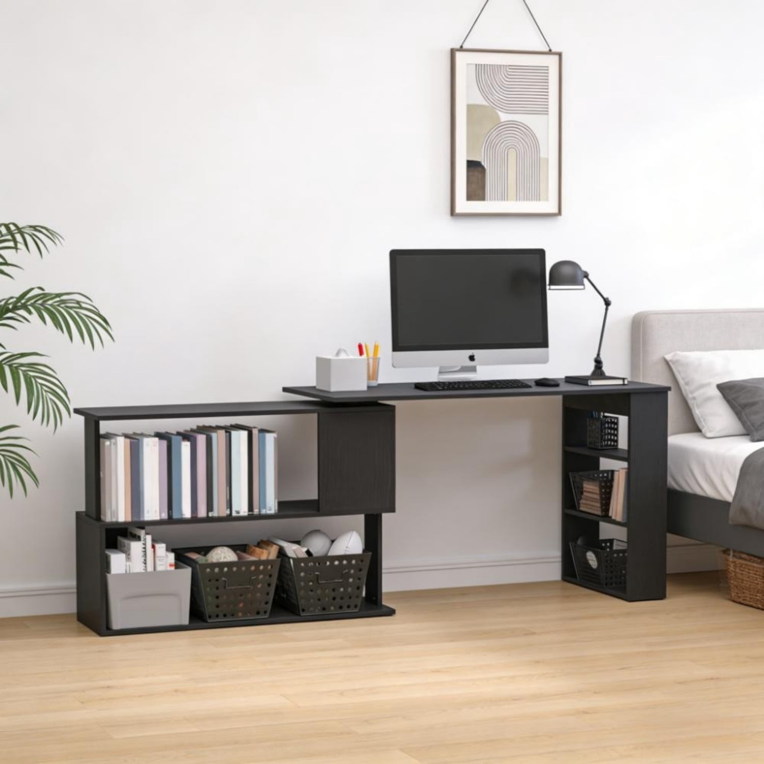360° Rotating L Shaped Computer Desk, Corner Writing Table with Shelves Storage for Home Office Bedroom Study Gaming Workstation, Black