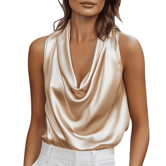 Resicozy Womens Silk Satin Summer Camisole Tank Tops Trendy Sleeveless Cowl Neck Blouses Dressy Casual Business Shirts Beige 2XL