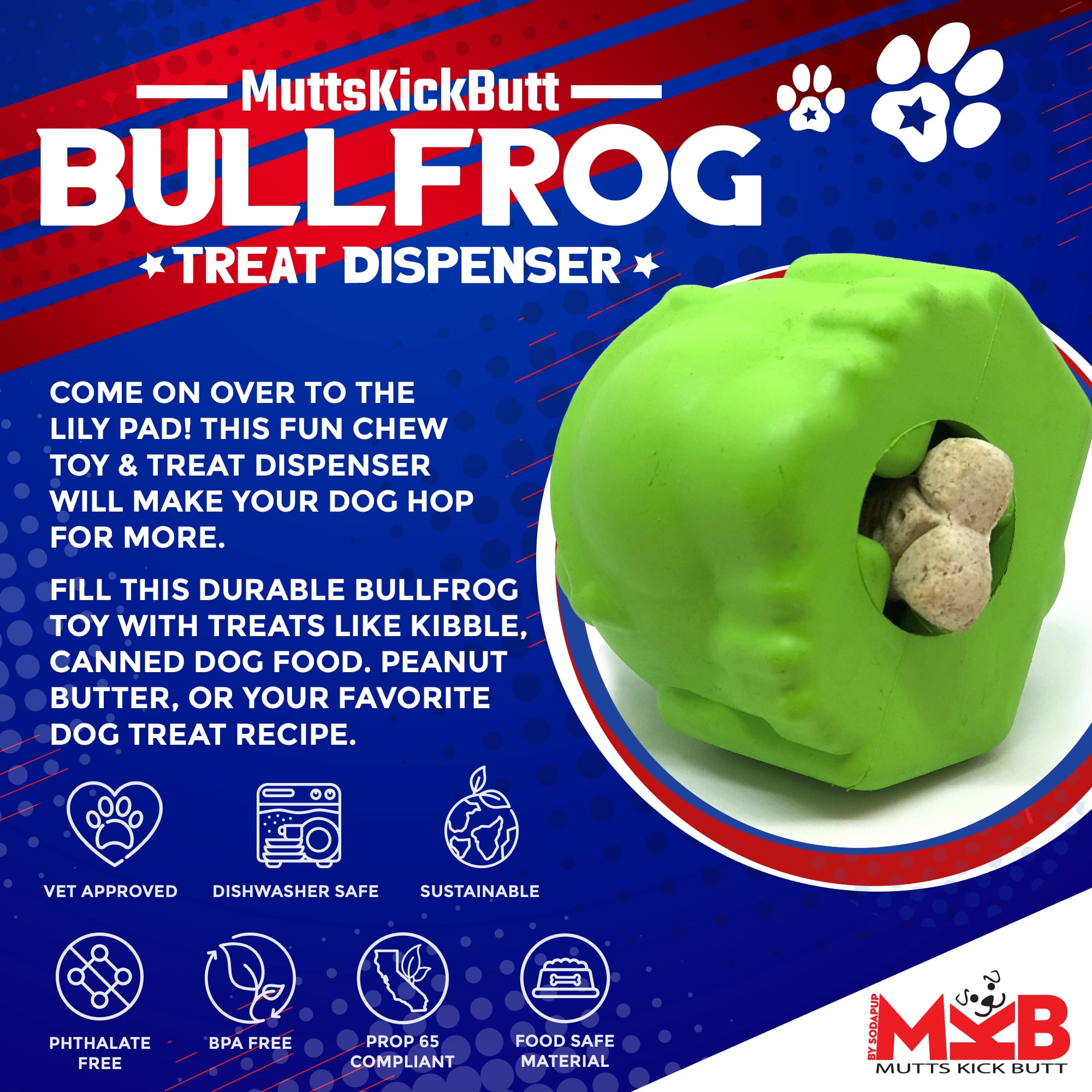 SodaPup MuttsKickButt Bullfrog – Durable Dog Treat Dispenser & Chew Toy Made in USA from Non-Toxic, Pet Safe, Food Safe Natural Rubber for Mental Stimulation, Problem Chewing, Calming Nerves & More