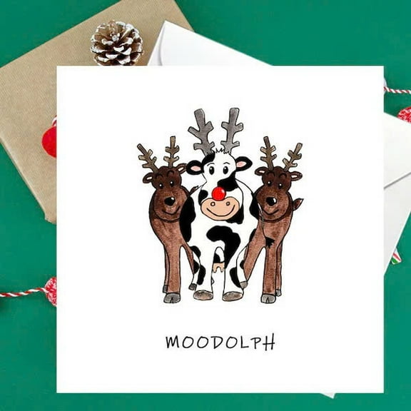 Funny Holiday Card - "Moodolph" Cow with Reindeer Design - Blank Inside, Envelope Included - Perfect for Christmas Wishes, Family Greetings, Secret Santa
