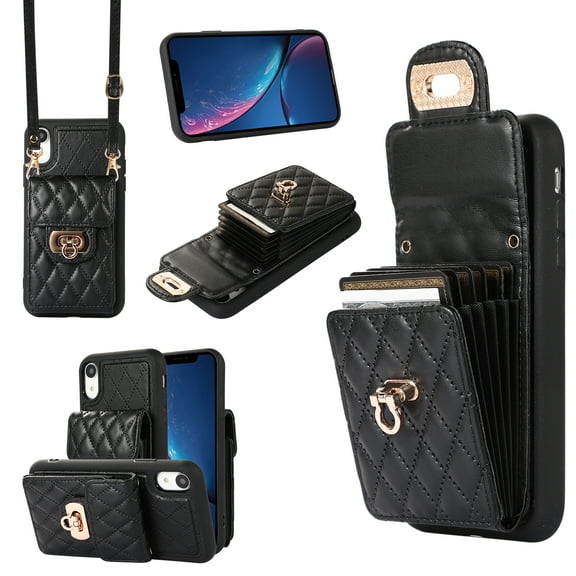 Nalacover Crossbody Wallet Case for iPhone XR, [6 Card Slots] Leather Purse Phone Case Luxury Buckle Closure Card Holder Shoulder Strap Handbag Case Women For iPhone XR, Black
