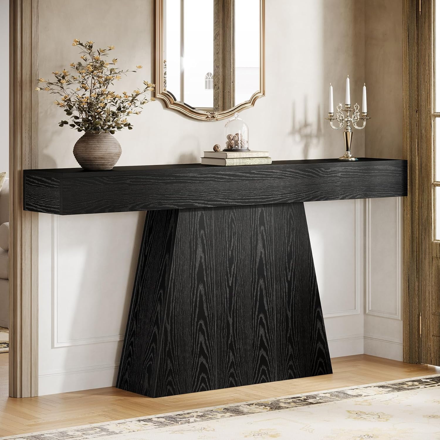 Tribesigns 63" Black Console Table, Farmhouse Entryway Table with Trapezoidal Base for Living Room