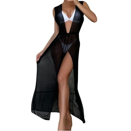 Swimsuit Coverup For Women Plus Size Bikini Drawstring Waist Knot Mesh Without Lingerie V-Neck Split Fork Dress Beach Wrap Bikini Shiny Wraps Swimwear Bathing Suit Cover Ups