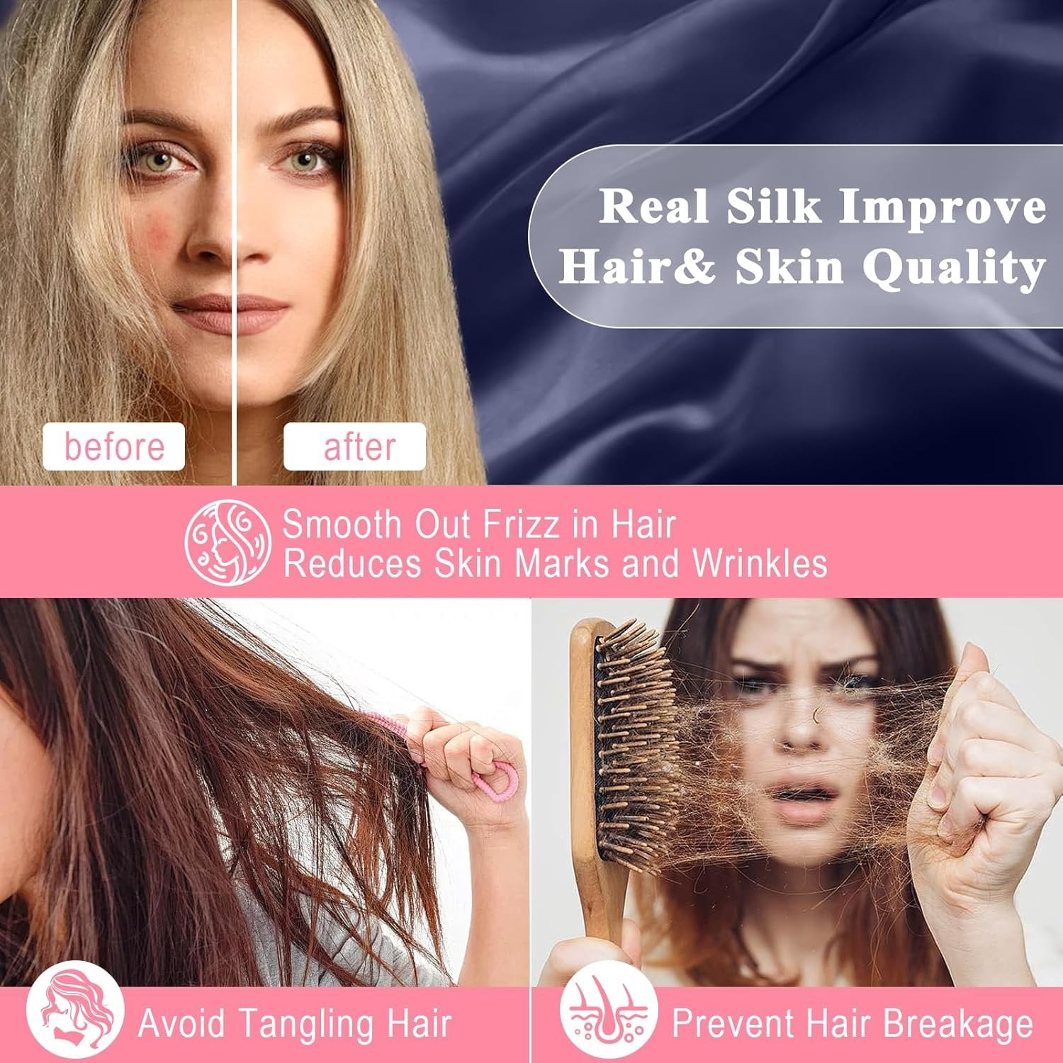 Pure Silk Pillowcase 2 Pack for Hair and , Both Sides 23 Momme Grade 6A+ Mulberry Silk Pillowcases with  Zipper, Soft&Smooth Cooling Pillow Cases (Navy Blue, Standard 20x26)
