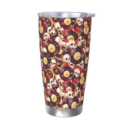 

Qekee Skull record lips Print 20OZ Car Cup Stainless Steel Vacuum Insulated Tumbler Tumbler Cup With Lid And Straw Travel Coffee Mug-Without Straw