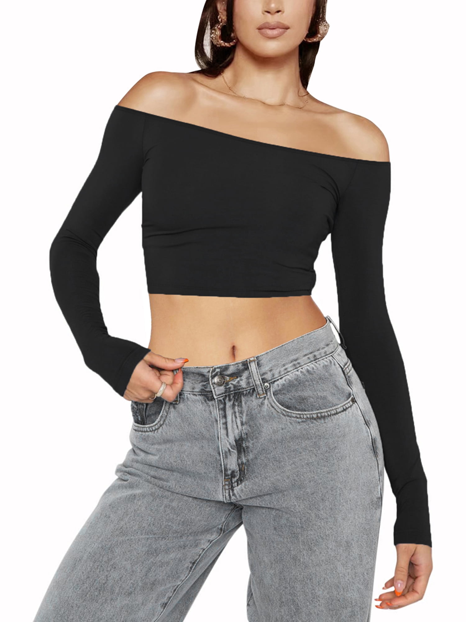 Tilbageholde Uretfærdig alder Women Off Shoulder Slim Fit Crop Top Long Sleeve Going Out Tops Backless  Solid Tee Shirt Y2k Blouse - Walmart.com