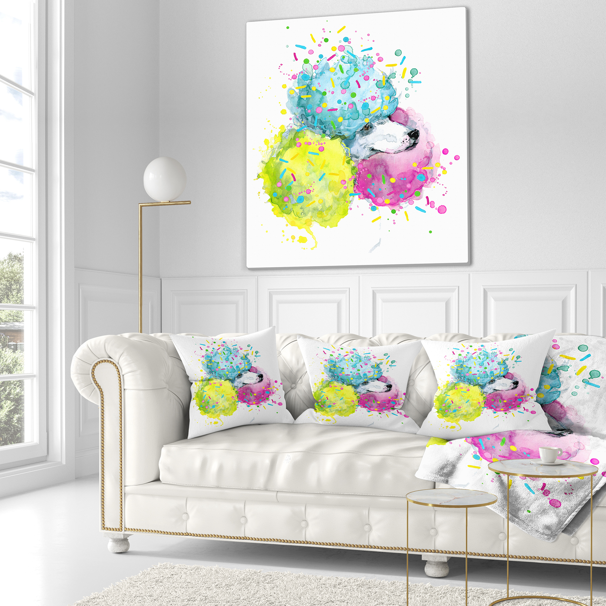 Designart Cute White Dog with Color Spheres - Contemporary Animal Throw Pillow - 16x16