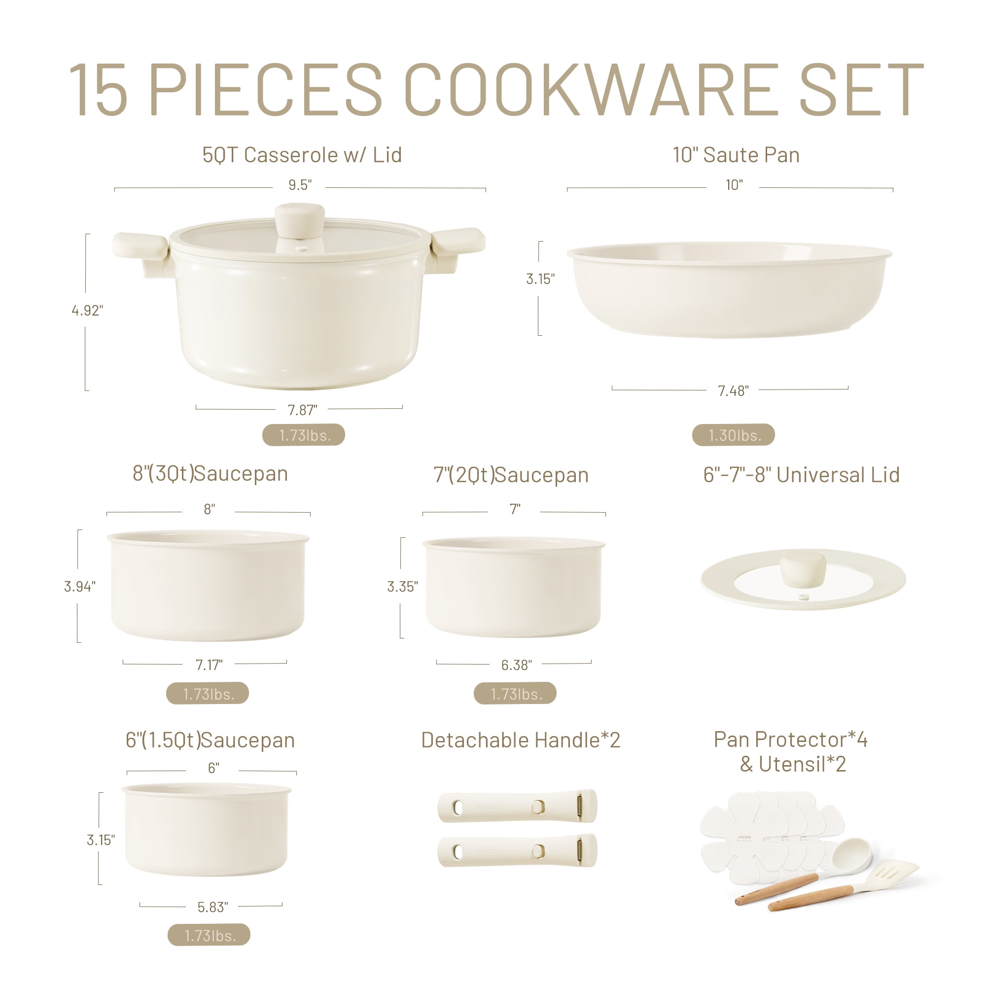 Carote Ceramic Cookware Sets, 15Pcs Detachable Non Toxic Pots and Pans Set, Cream Induction Cookware(图2)