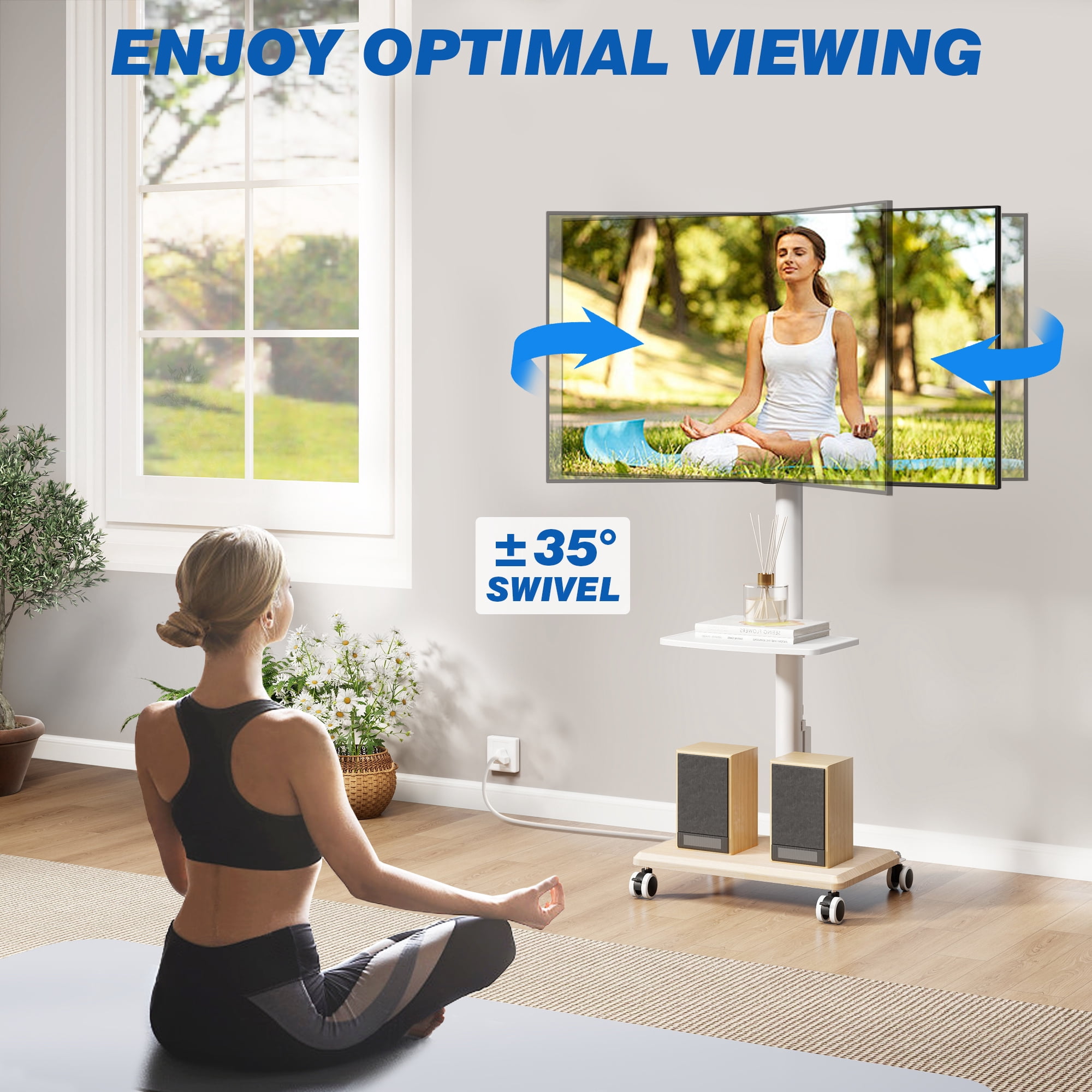 RTVR Mobile TV Stand with Wheels for Home Decor, with Power Outlet Heavy Duty TV Stand Wheels for 32-60 Inch TVs, White