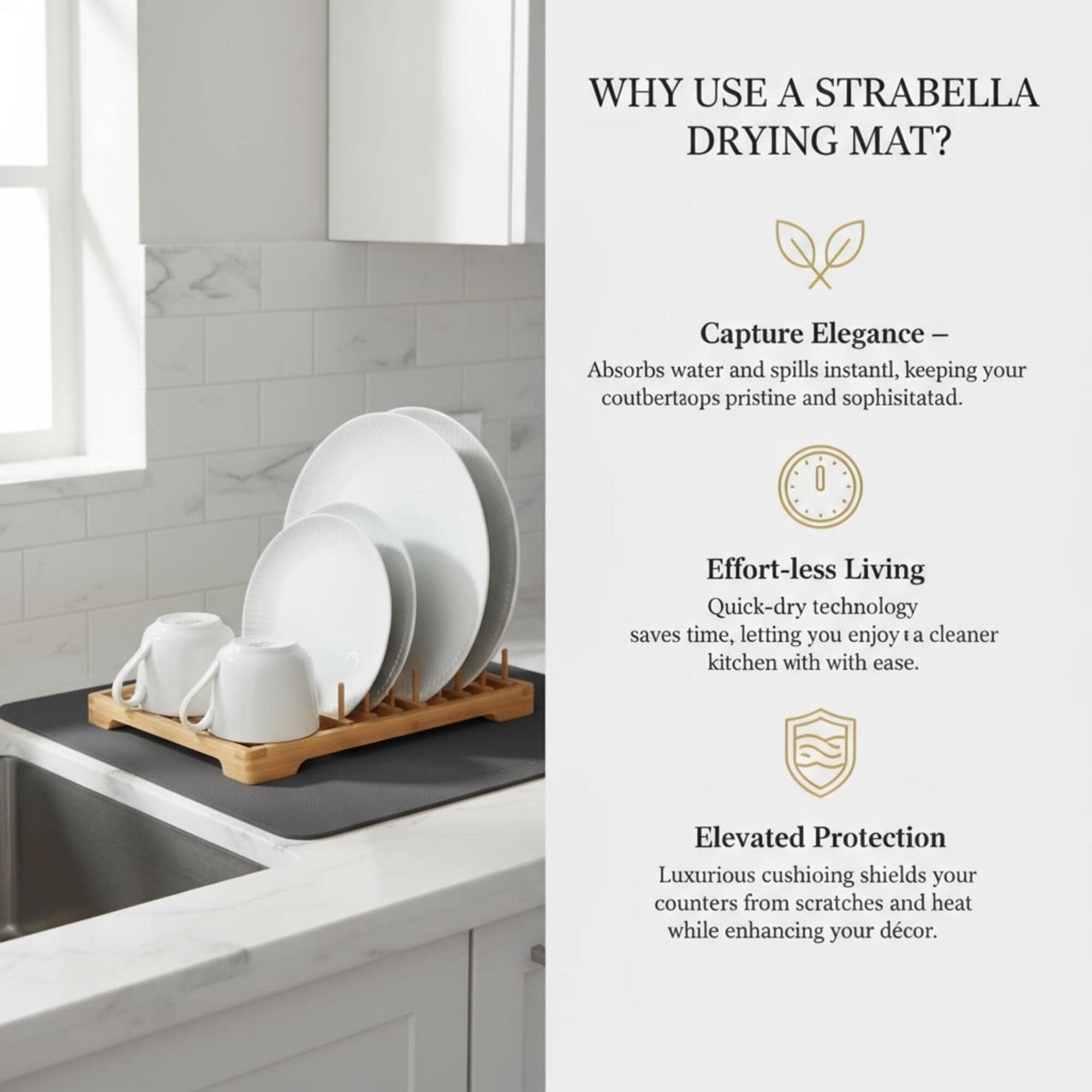 STRABELLA: Dish Drying Mat - 24x16", Dark Gray - Super Water Absorbent, Quick Dry Foam, Multi-Purpose, Kitchen Countertops, Non-Slip, Machine Washable