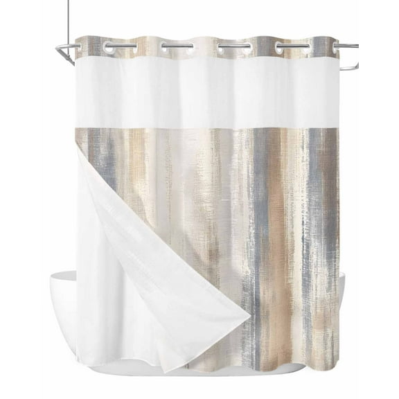 No Hook Cloth Fabric Shower Curtain with Snap in Liner, Beige Grey Waterproof Shower Curtains Set with See Through Top Window, Abstract Mottled Art Retro Modern Painting Bath Curtains Shower 72"x78"