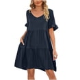 thumbnail image 2 of Voncos Sundresses for Women- Solid Elegant Comfy Mother's Day Gift Short Sleeve Pleated V-Neck Mid Dress Navy 4, 2 of 6
