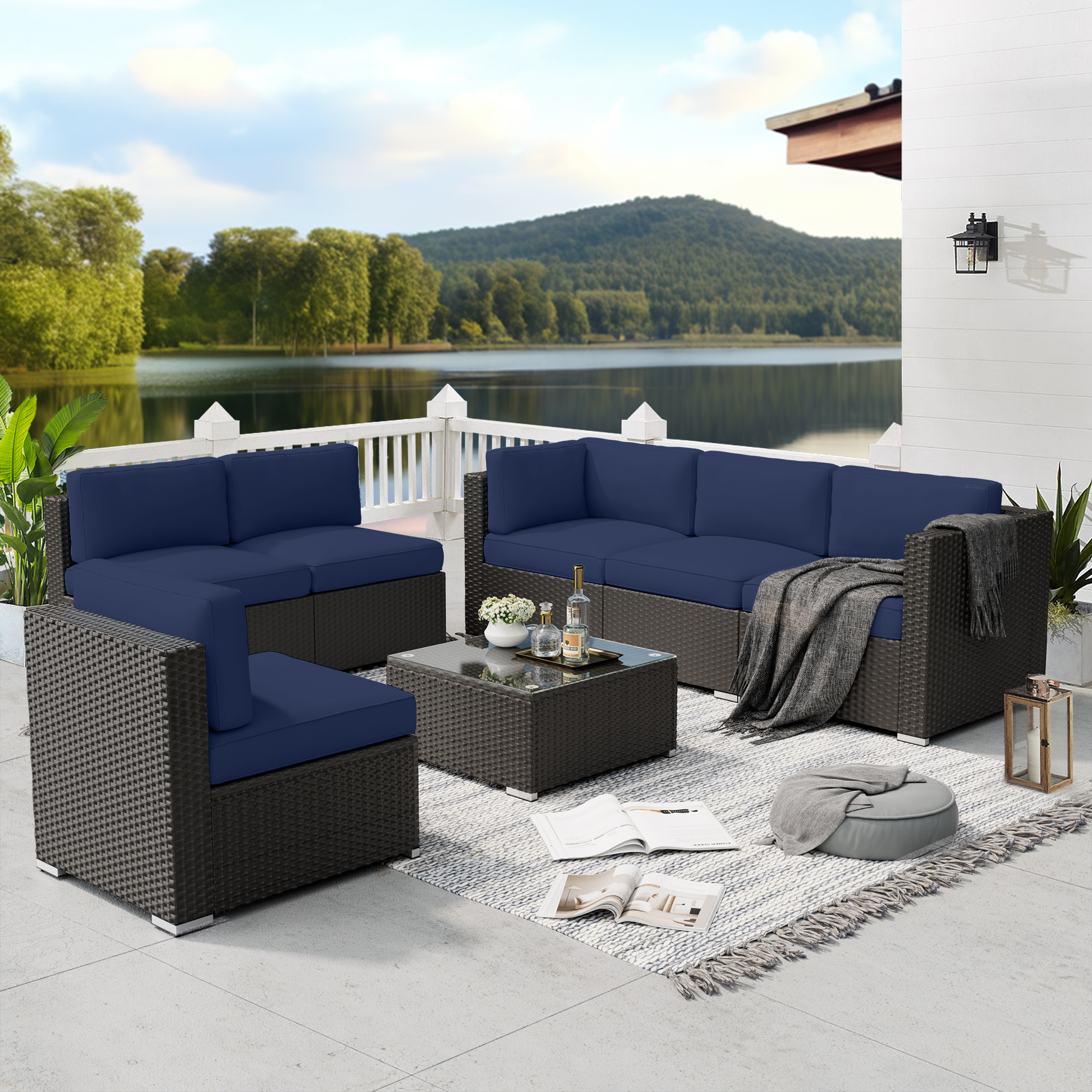 SUNCROWN 7-Piece Outdoor Patio Furniture Sofa Set All-Weather Black Wicker Sectional Conversation Set with Modern Glass Coffee Table and Cushions, Backyard, Garden, Deck, Dark Blue