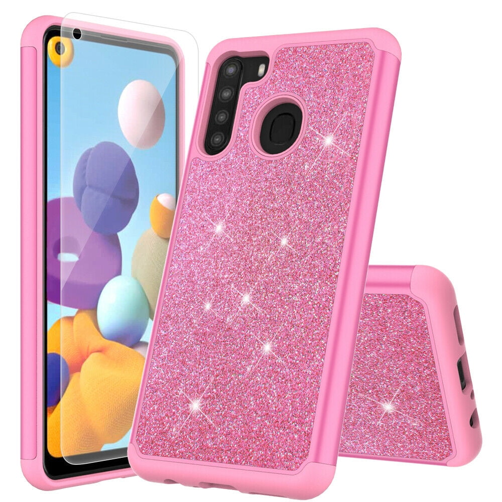 for Samsung Galaxy A21 with Tempered Glass Phone Case Glitter Shock
