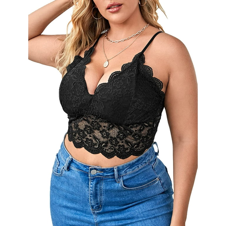 SheIn Women's Plus Lace V-Neck Floral Scallop Crop Cami Bust Backless  Bralette 