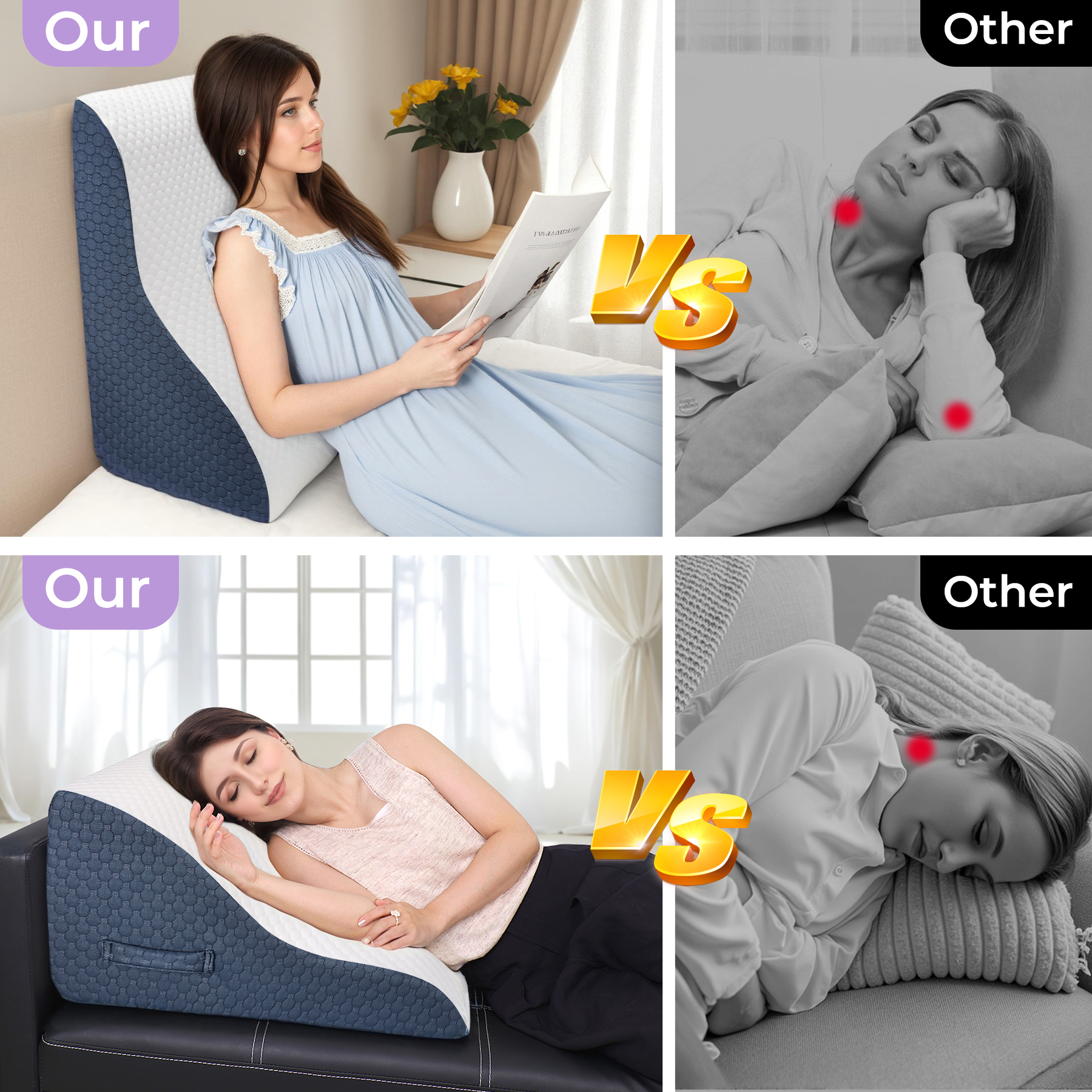 Orthopedic Bed Wedge Pillows, Soft Foam Triangle Pillow 12&24 Inches Height for Acid Reflux Relief, After Surgery, Ergonomic Incline Reading Pillow for Sleeping, Back Leg Pain Relief