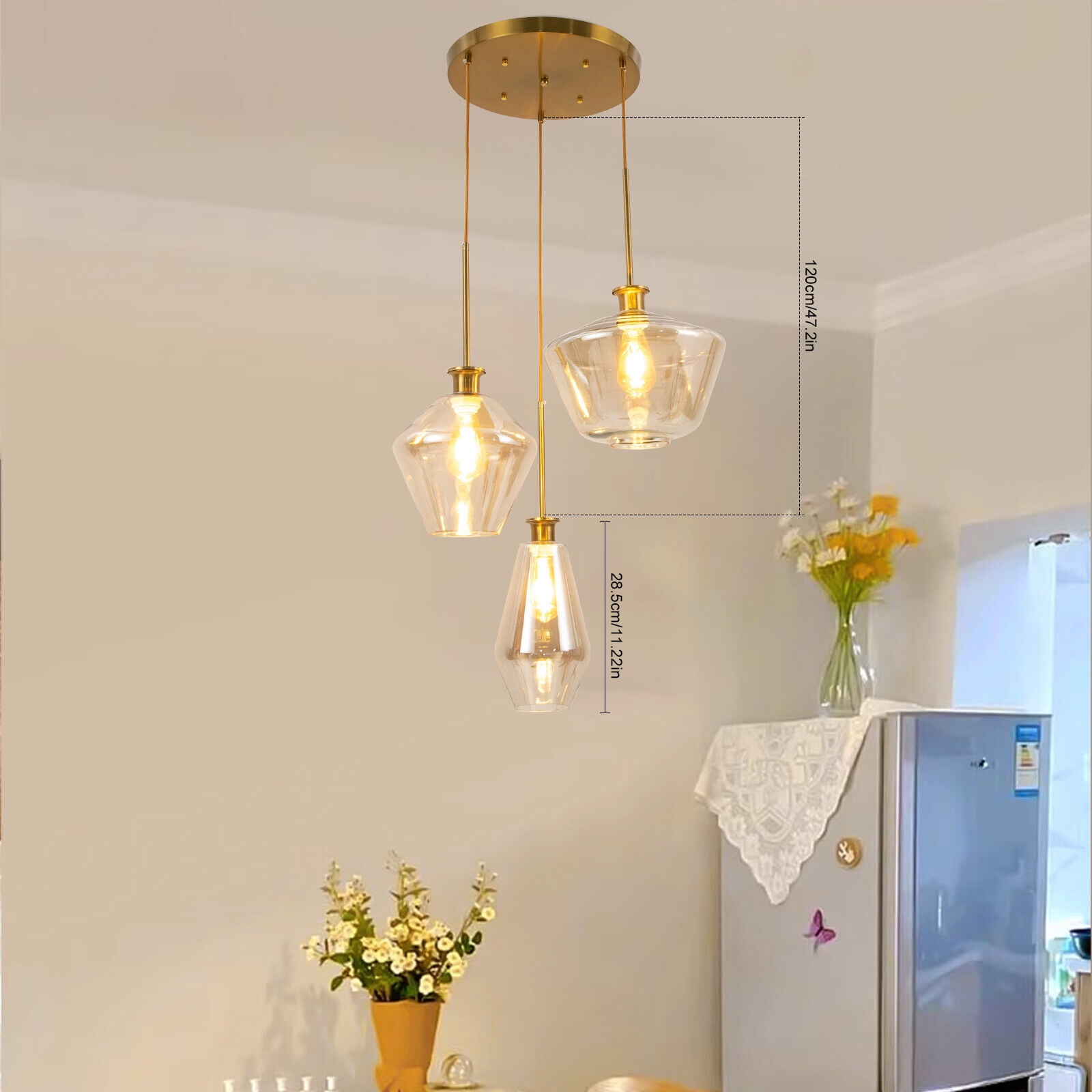 Miumaeov Modern 3-Light Pendant Light Fixtures Flush Mount Gold Hanging Ceiling Lamp with Glass Shade & Adjustable Height for Kitchen Island Living Room Hallway Hall