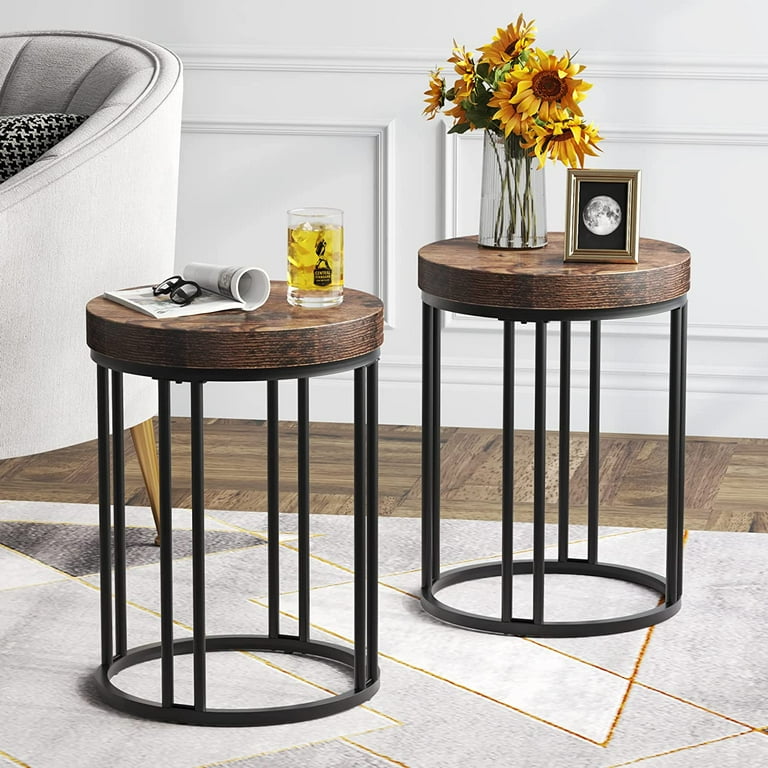 Small Round Side Table Tribesigns Small Narrow Side Table with Metal Frame Wooden Countertop Round Slim C Table for Living Room Sofa Couch Bedroom