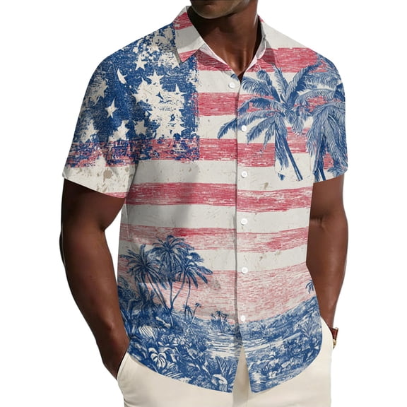 Hogleaql 4th Of July Hawaiian Shirts for Mens 4th Of July American Flag Print Short Sleeve Patriotic Shirt Collared Button Down Dressy Summer Beach Casual Shirts for Men Royal Blue 2XL