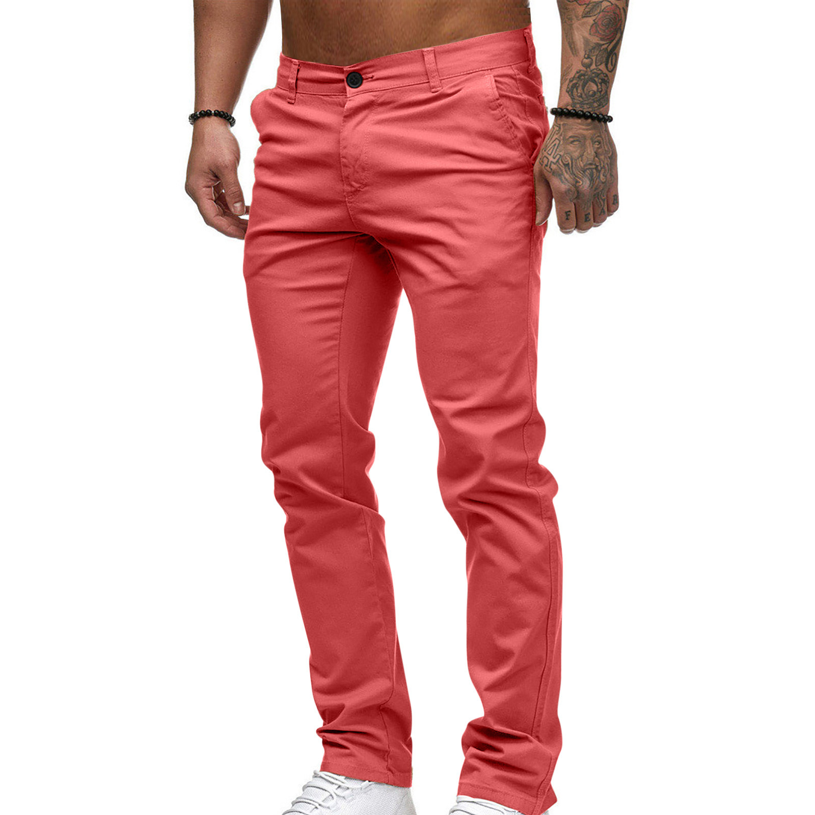 DeHolifer Mens Casual Chinos Pants Cotton Slacks Elastic Waistband Classic Fit Flat Front Khaki Pant Pink L - image 2 of 5