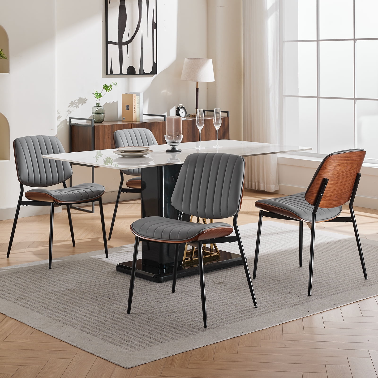Mid Century Modern Dining Chairs Set of 4, Grey Kitchen & Dining Room Chairs Set of 4, Upholstered PU Leather Kitchen Chairs for Dining Table, Sillas de Comedor, Metal Leg, Walnut Back (Grey, 4 Pcs)