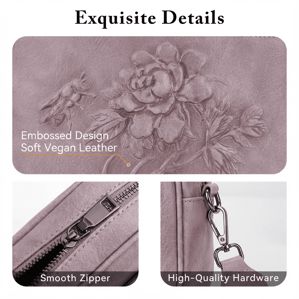 APHISON Crossbody Purse for Women, Rose Embossed Crossbody Phone Handbags with Adjustable Guitar Strap Hollow Everyday Crossbody Holiday Present Outfit Upgrade
