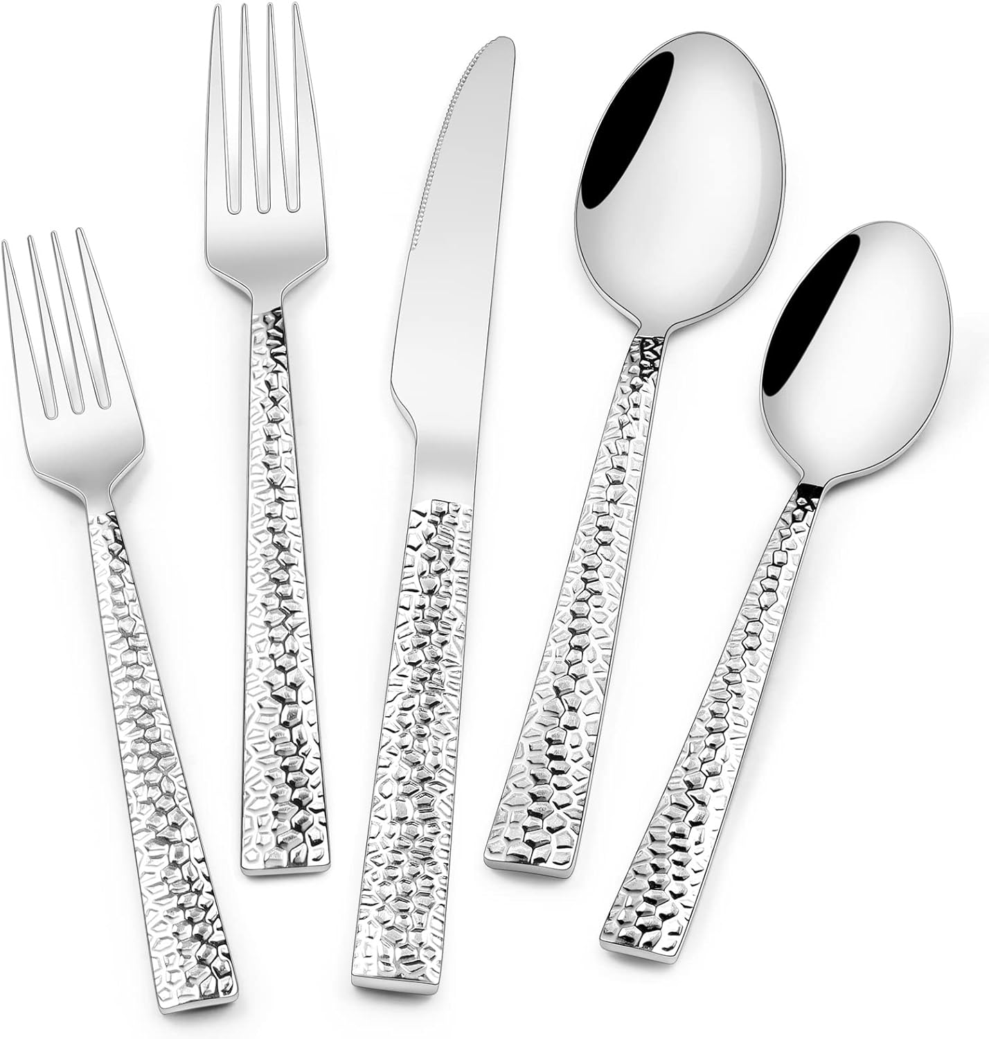 Hammered Silverware Set, 10-Piece Stainless Steel Square Flatware Set for 2, Food-Grade Tableware Cutlery Set, Utensil Sets for Home Restaurant, Mirror Finish, Dishwasher Safe