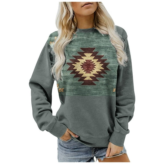 Usmixi Under $5 Sweatshirts for Women Winter Womens Crewneck Sweatshirts Vintage Western Style Geometric Print Pullover Blouses Ladies Long Sleeve Loose Lightweight Sweatshirt Tops