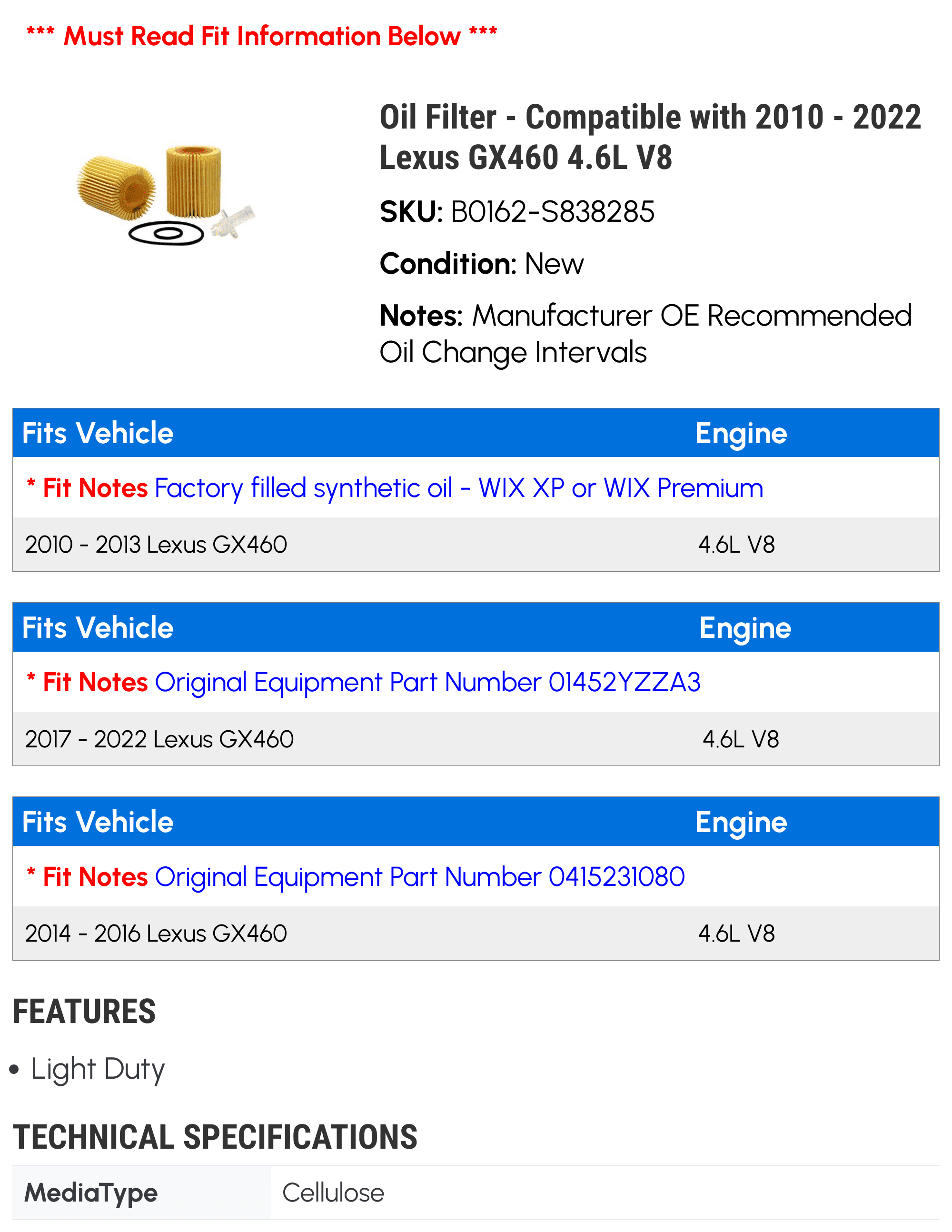 Oil Filter - Compatible with 2010 - 2022 GX460 4.6L V8 2011 2012 2013 2014 2015 2016 2017 2018 2019 2020 2021
