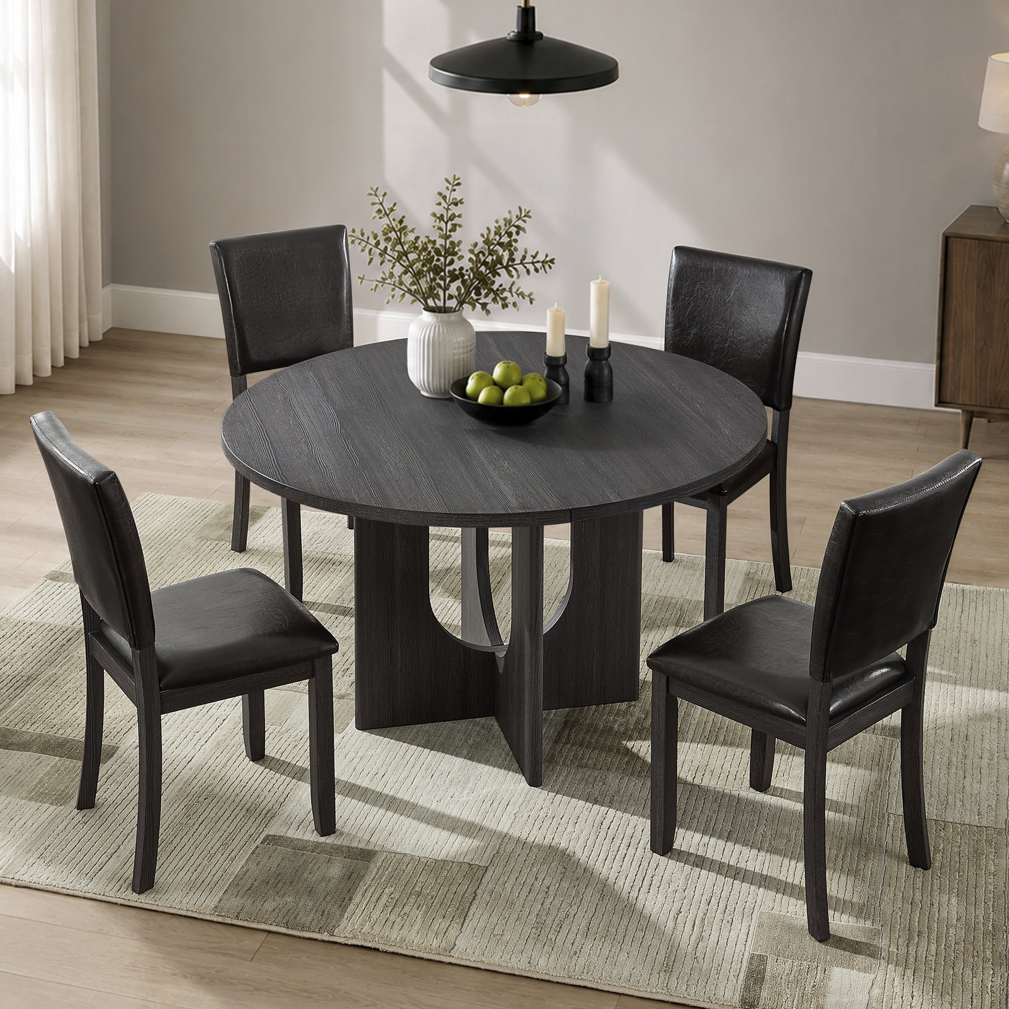5-Piece Round Dining Table Set for 4-6, 47.3" Wood Round Table with 4 PU Leather Chairs