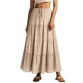 thumbnail image 2 of Women's Cotton Maxi Skirt, High Waist Elastic Lace-Up A-Line Swing Skirt, Bohemian Long Skirt for Beach, Vacation and Summer,Beige,M, 2 of 9