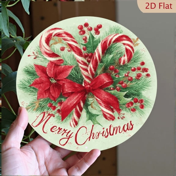 2D Flat, 1pc Vintage Christmas Metal Wall Decor - Round Candy Cane Sign with Red White Stripes, Holly Berries, Pine - Merry Christmas Text - Lightweight Aluminum Holiday Decoration for Farmhouse, Home